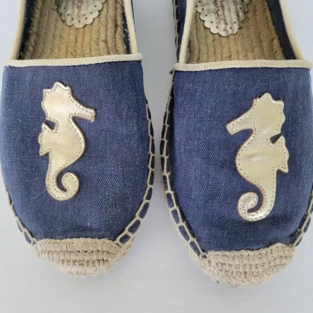 Lilly Pulitzer Lia Espadrilles Seahorse Flat Shoes Womens Size 9 Blue Canvas